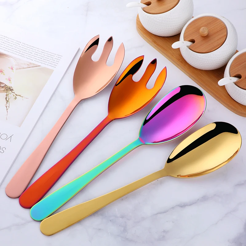 

304 Stainless Steel Serving Spoon Fork Set Gold Kitchen Large Salad Dinner Serving Spoons Server metal Cutlery Set Utensils Drop