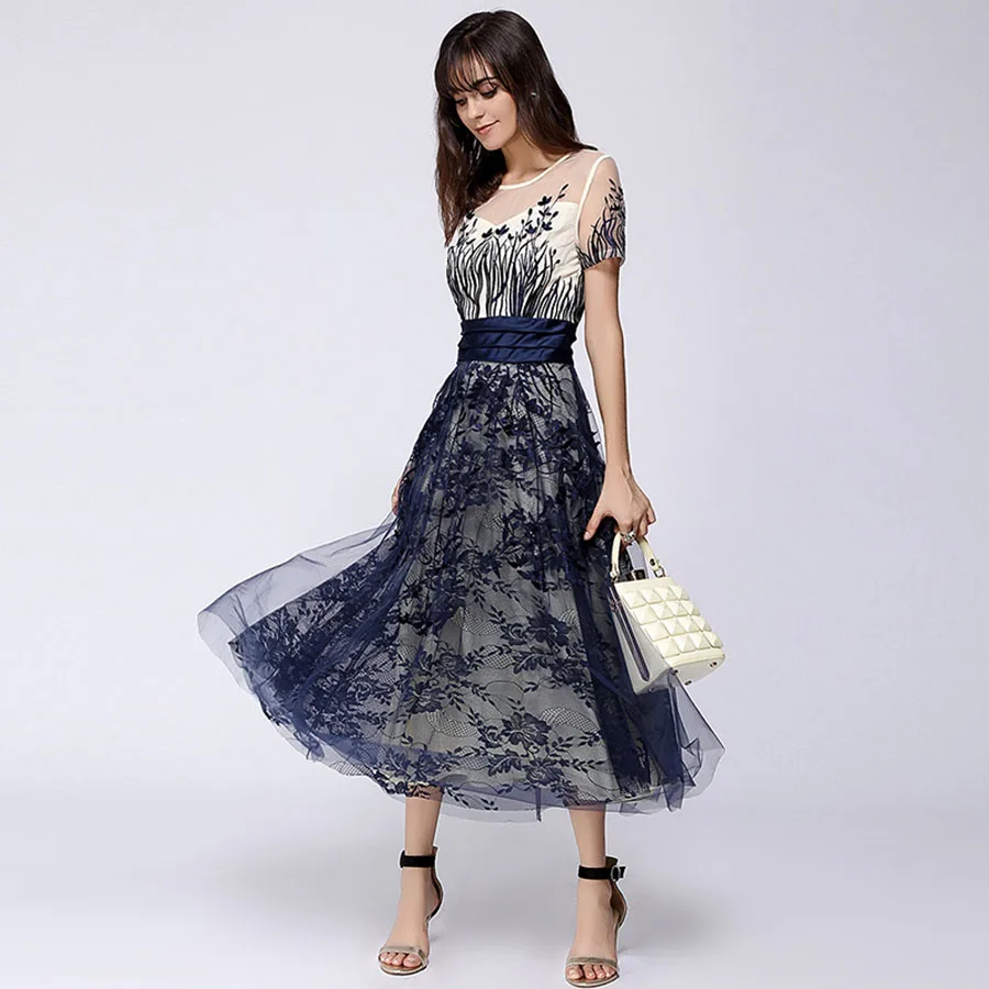 Женское Сетчатое платье Лето с коротким рукавом длиной до щиколотки, кружевное темно-синее с цветочной вышивкой тонкое длинное платье