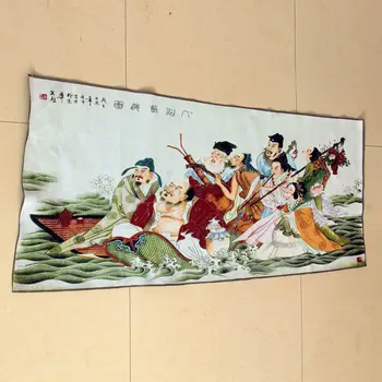 

Suzhou hand embroidered satin stitch embroidery machine The Eight Immortals Crossing the Sea decorative painting hanging plaque
