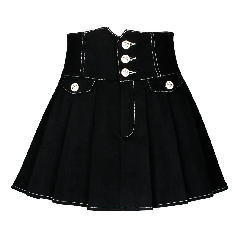 

Women Button Pleat Skirt Harajuku Preppy Style Skirts Mini Cute School Uniforms Ladies Kawaii Skirt Saia Faldas Black