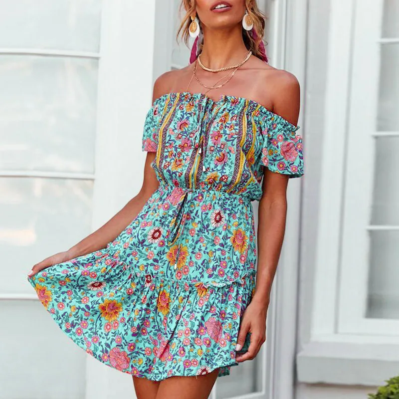 

Off shoulder print short women summer holiday dress Boho lace up plus size cotton vestidos Casual green beach dress
