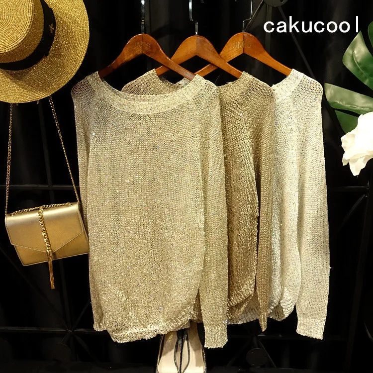 Cakucool для женщин Золотой Люрекс футболка с длинным рукавом блестками вязаный