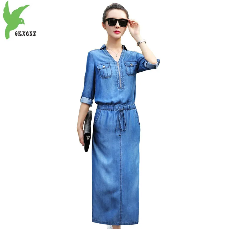 Denim Dress for Womens 2018 Spring Summer Long Jeans Dresses High quality Plus size Slim Female Casual Top Pullover OKXGNZ A1916