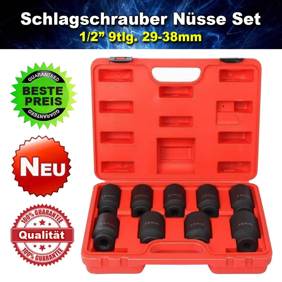 

9pc 1/2" Drive Deep Impact Axle Hub Nut Socket Set 29-30-31-32-33-34-35-36-&38mm