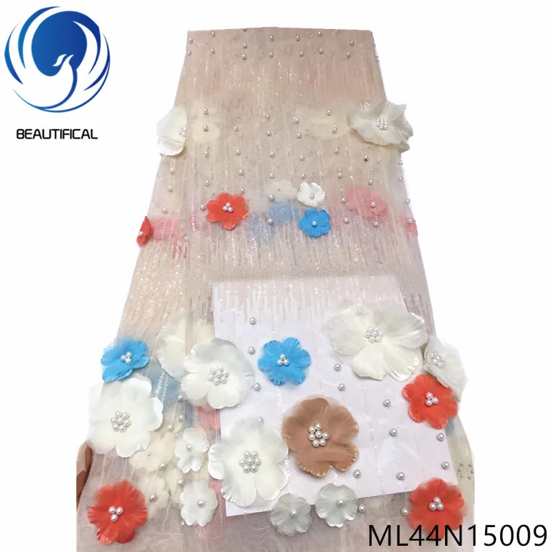 

Beautifical Nigerian lace fabrics multi 3d flowers net lace beads with sequins embroidery 2019 New french lace 5yards ML44N150
