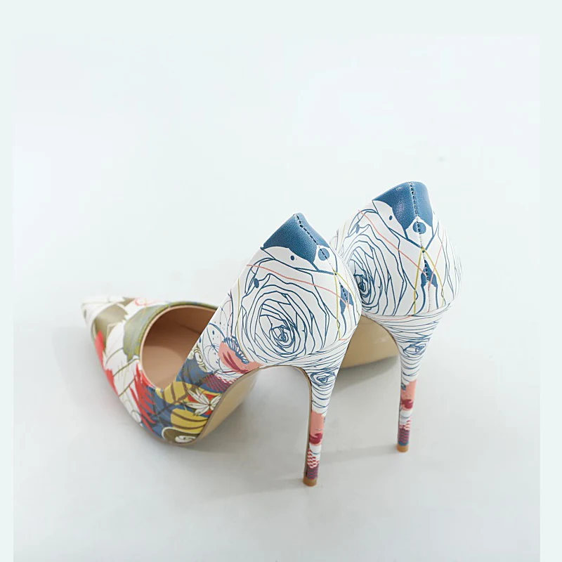 New 12cm Heels Women Pumps Sexy Pointed Toe Print High Heels Mixed Fashion Colors Thin Heels Office Lady Shoe