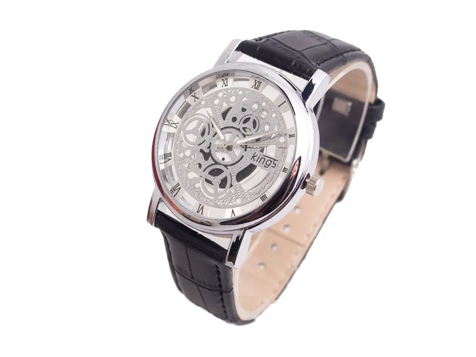 Роскошные короли Скелет Полые кожаные часы для мужчин для женщин любителей Бизнес Спортивные кварцевые наручные часы мужской часы