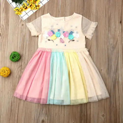 

2019 Kids Girl Rainbow Unicorn Dress Birthday Baby Toddler Flower Princess Party Tulle Dress Children Sundress