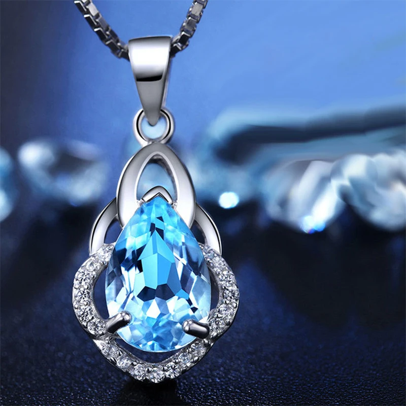 Fashion Blue Crystal Water Drop Pendant Necklace Silver color CZ