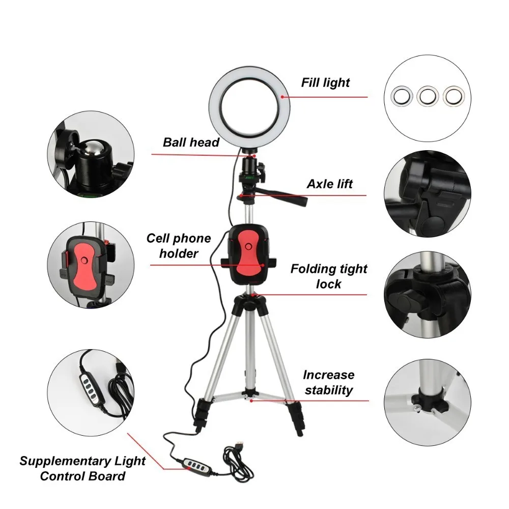 5," кольцевой светильник с штатив-Трипод стойка мини настольный светодиодный Камера светильник с держателем для сотового телефона с 3 светильник режимы& 11 Яркость уровня