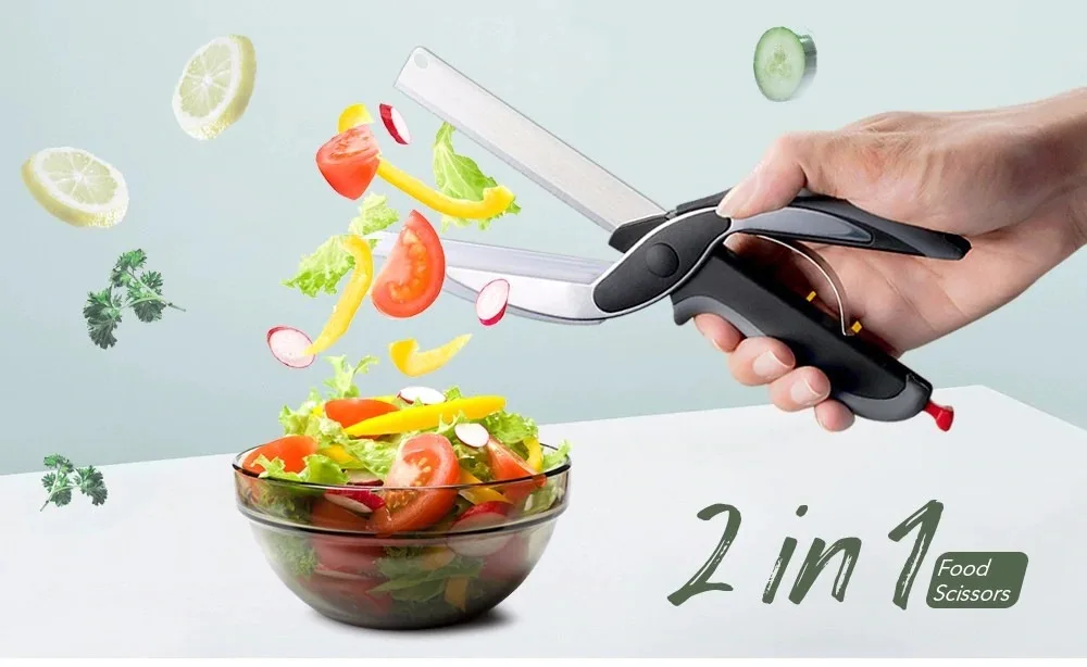 2 в 1 Кухонные фрукты, нож для овощной еды, ножницы из нержавеющей стали, измельчение продуктов, разделочная доска, набор умных ножей