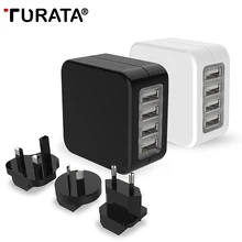 TURATA Travel Charger AC Adapter Universal 4 USB Ports with US EU UK AU Plug Converter