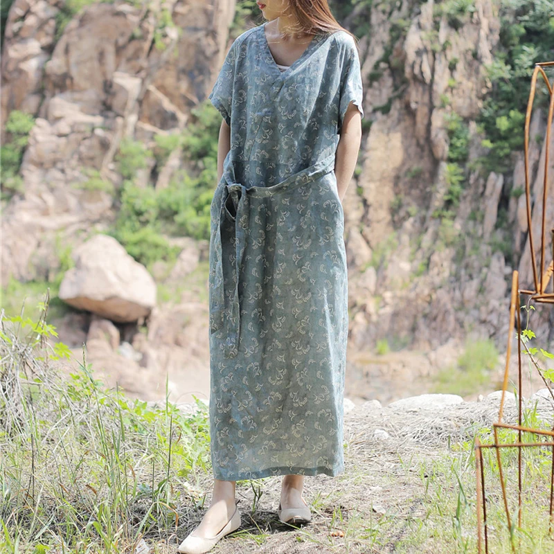 

Print Summer Dress 2019 New Clothes Short Sleeve Mid-calf Length V-neck Vintage Loose Linen Comfortable Women Dress