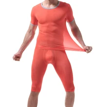 Лед Шелковая пижама наборы сексуальные мужские с коротким рукавом футболки прозрачные майки для сна Шорты Топы ночное белье короткие штаны