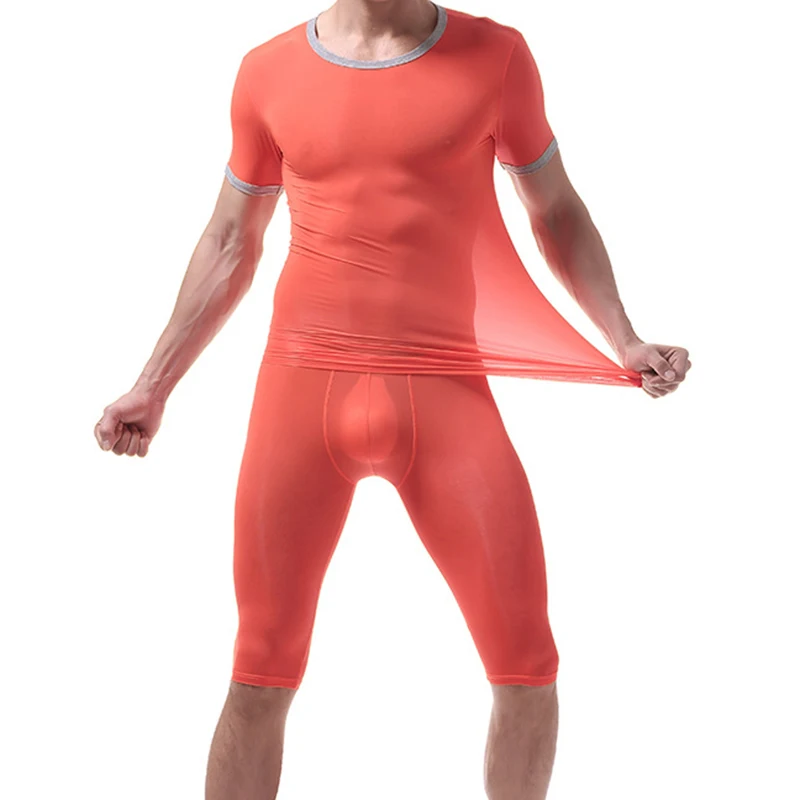 

Ice Silk Pajamas Sets Sexy Men Short Sleeve T Shirt Transparent Undershirts Sleep Bottoms Shorts Tops Nightwear Short Pants