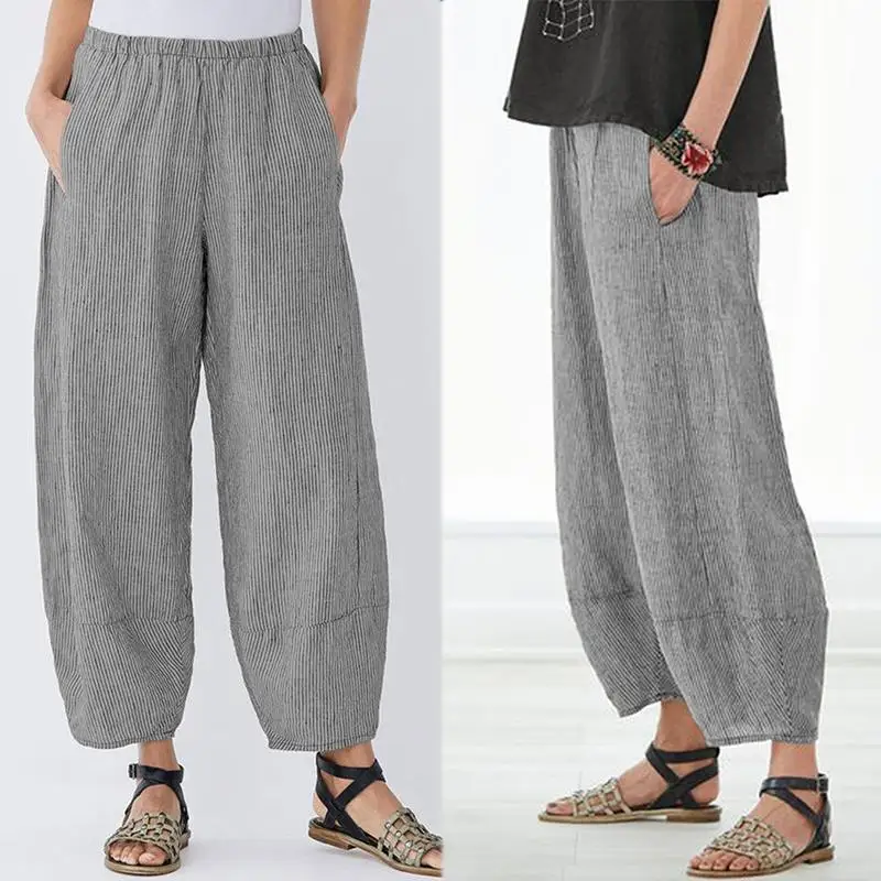

Casual Women's Striped Pants ZANZEA 2019 Vintage Elastic Waist Pant Female Streetwear Pantalon Plus Size Lantern Trousers 5XL