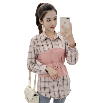 

COIGARSAM 2019 New Autumn Shirt Womens tops Patchwork Plaid Slim Han Fan Holiday Two Jackets Women shirts Brown Pink 3350