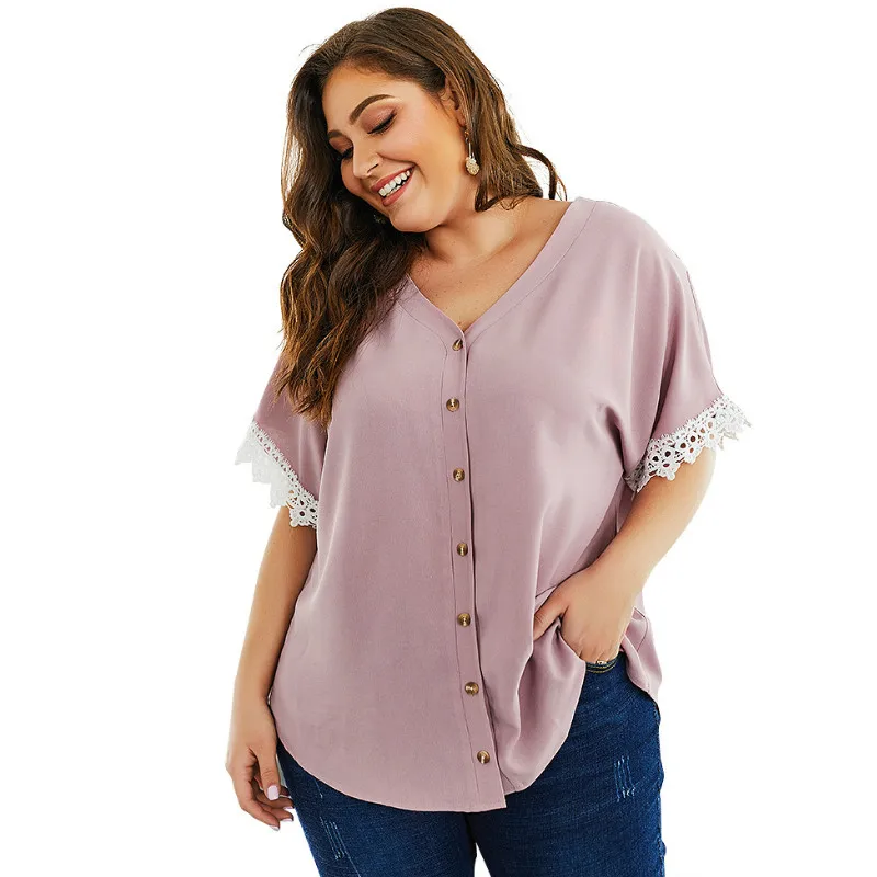 KM STYLISH Lace Hollow Out Women Blouse Pink Shirts Big Size Female Loose Tops Oversize Femme Blusas Buttons Mujer Autumn A059