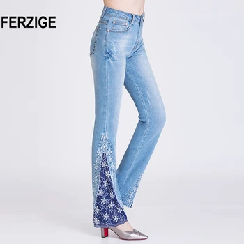 

FERZIGE New Jeans Woman Embroidered Trousers Lace Bell Bottoms Design Light Blue Stretch High Waisted Jeans Sexy Ladies Mujer 36