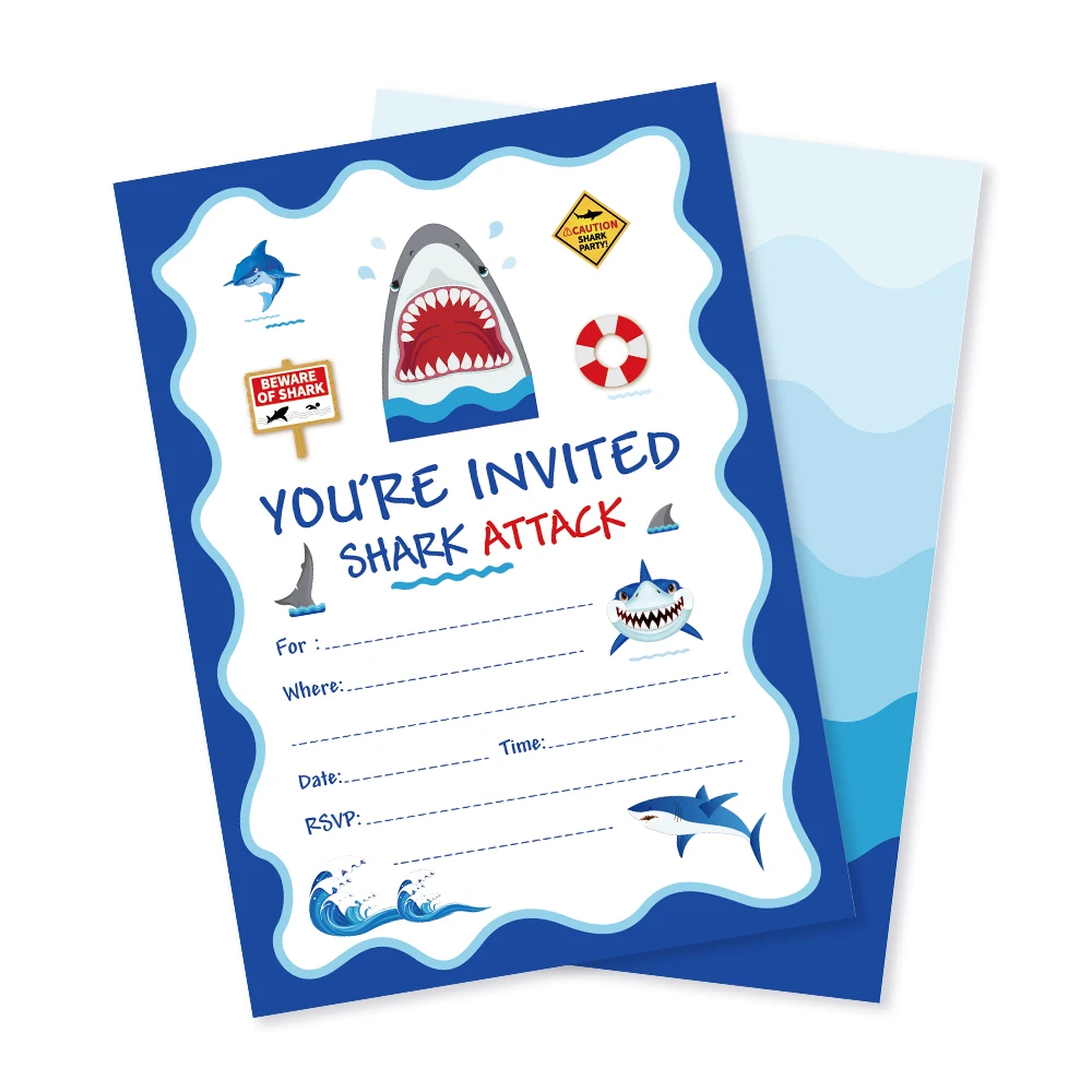 

Blue Shark Birthday Party Invitations Cards Sea Theme Wedding Baby Shower Cartoon Invitations Kids Party Favors Decorations