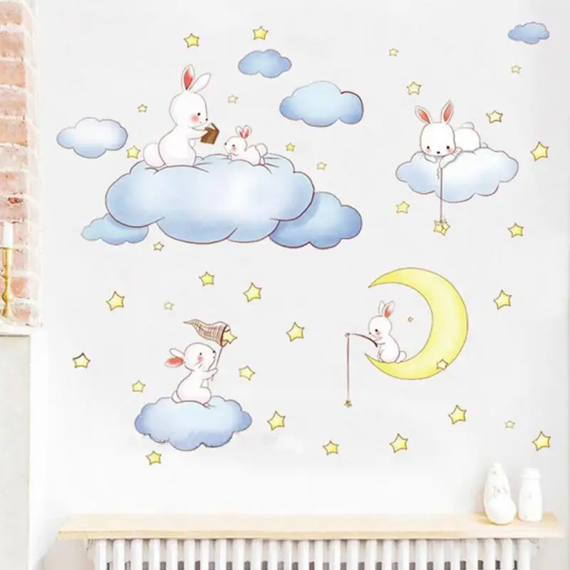 

Cartoon Cloud Sticker Cute Rabbit Wall Sticker, Suitable for Children's Room, Home Decoration, Nursery Room DIY Art Mural