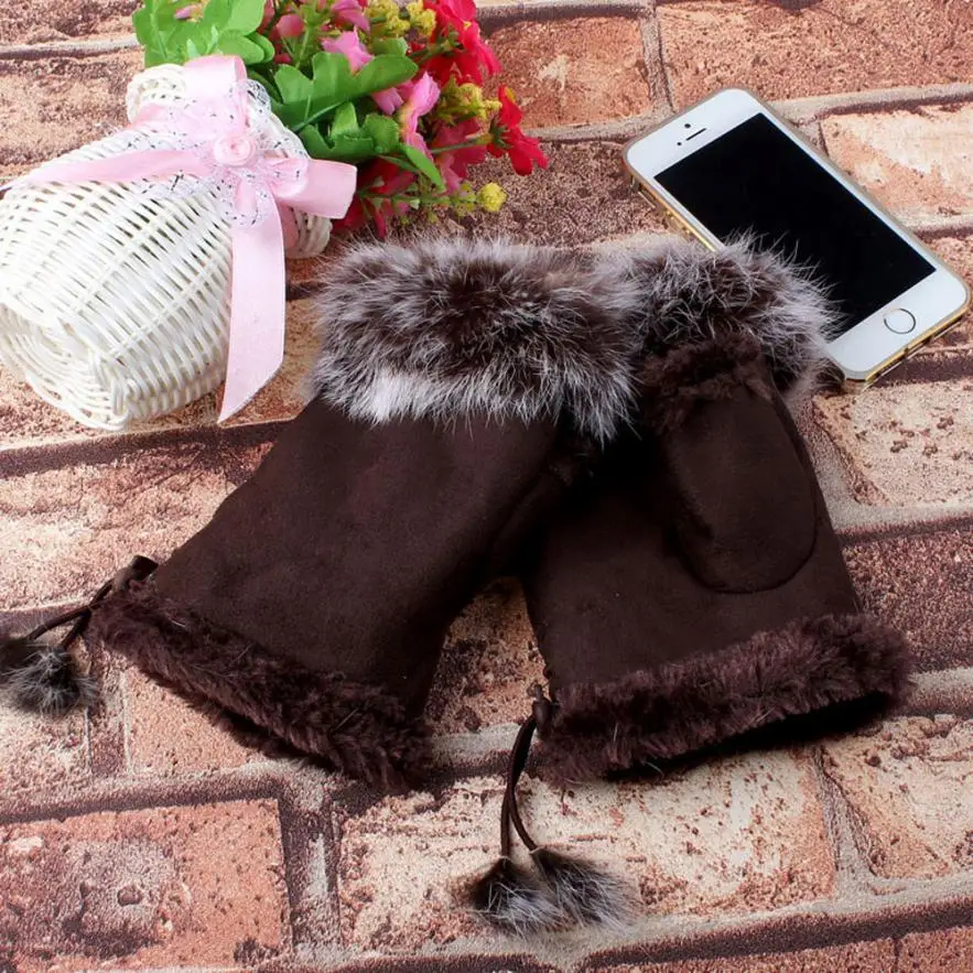 Женские зимние перчатки с искусственным кроличьим мехом, теплые качественные модные дизайнерские перчатки с искусственным кроличьим мехом, имитация кожи - Цвет: Coffee