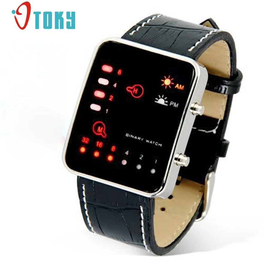

OTOKY Digital Red LED Sport Wrist Watch Binary Wristwatch Leather Women Mens #30 gift 1pcs