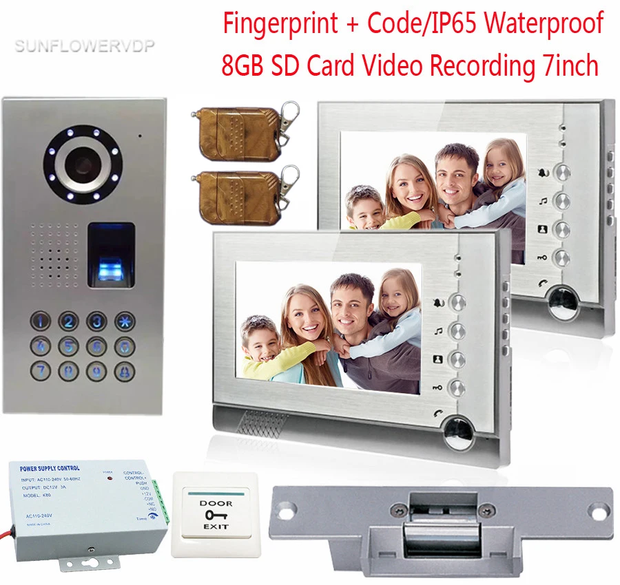 

Fingerprint Video Door Phone 2 Monitors 8GB SD Card Recording Video Intercoms IP65 Waterproof Code With Electronic lock 7inch