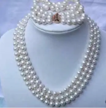 

3ROW 7-8MM WHITE FRESHWATER PEARL NECKLACE & BRACELETS