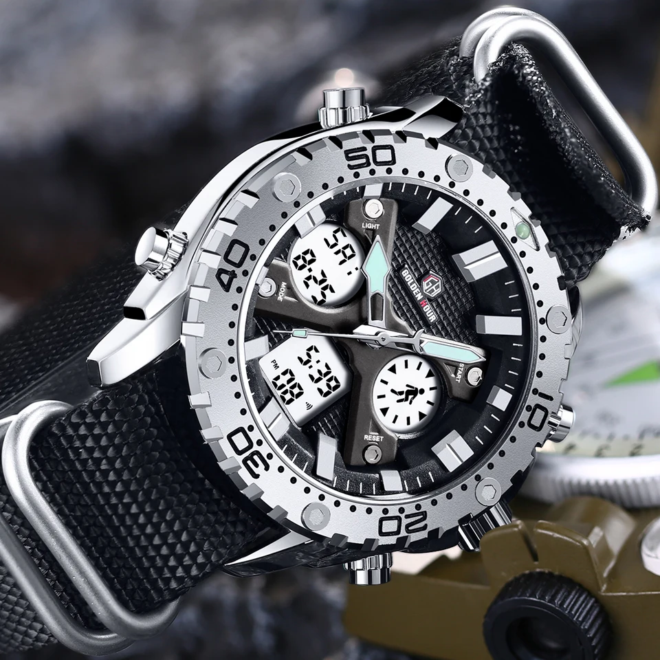 Preise GOLDENHOUR Mode Outdoor Sport Männer Uhr Armee Militär Leinwand Analog Digital Armbanduhr Dual Display Silber Fall Männlichen Uhr