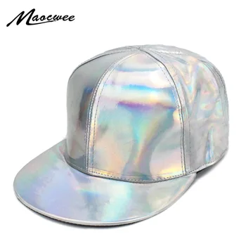 

Man Woman Korean Version Hip Hop Caps Silver Laser Flat Brimmed Baseball Cap Punk Snapback Hats Personalized Pu Hat Bones