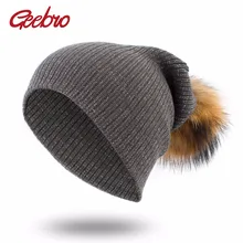 Geebro женский яркий провод шапка бини Зимняя Повседневная теплая вязаная шапка с настоящим меховым помпоном женские вязаные шапочки GS128