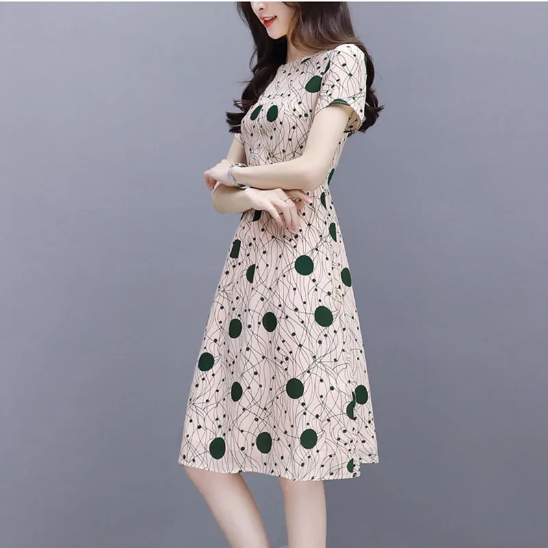 

Women High Waist O-Neck Midi A-Line Dresses Fashion Dot Print Slim Summer Dress Vestidos