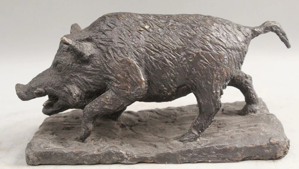 

5" China Chinese Folk Bronze Wild Boar Pig Sus Scrofa Animal Statue Sculpture