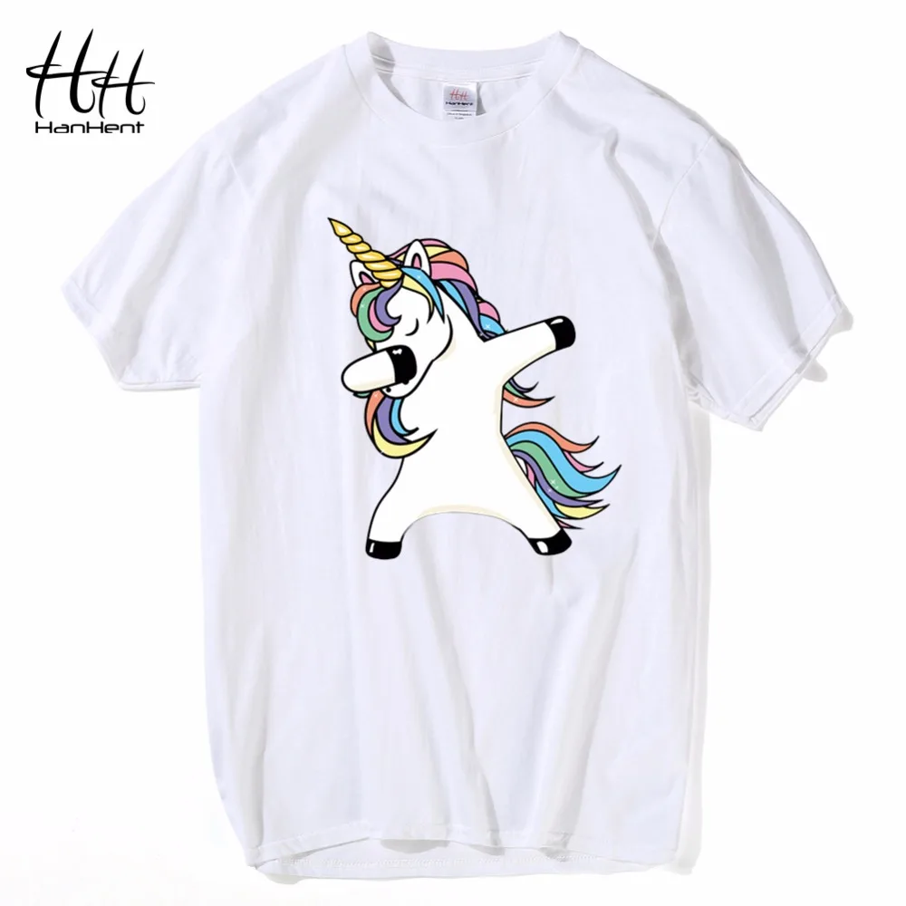 

HanHent cotton casual t-shirt men funny unicorn print t shirt cute cartoon panda tshirt summer fashion tops white big size 2xl