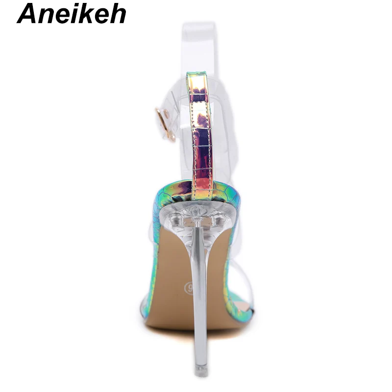 Aneikeh/прозрачные женские босоножки из пвх; туфли-лодочки на очень высоком тонком каблуке с острым носком и пряжкой на ремешке; Свадебная обувь из искусственной кожи; яркие; Размеры 35-42