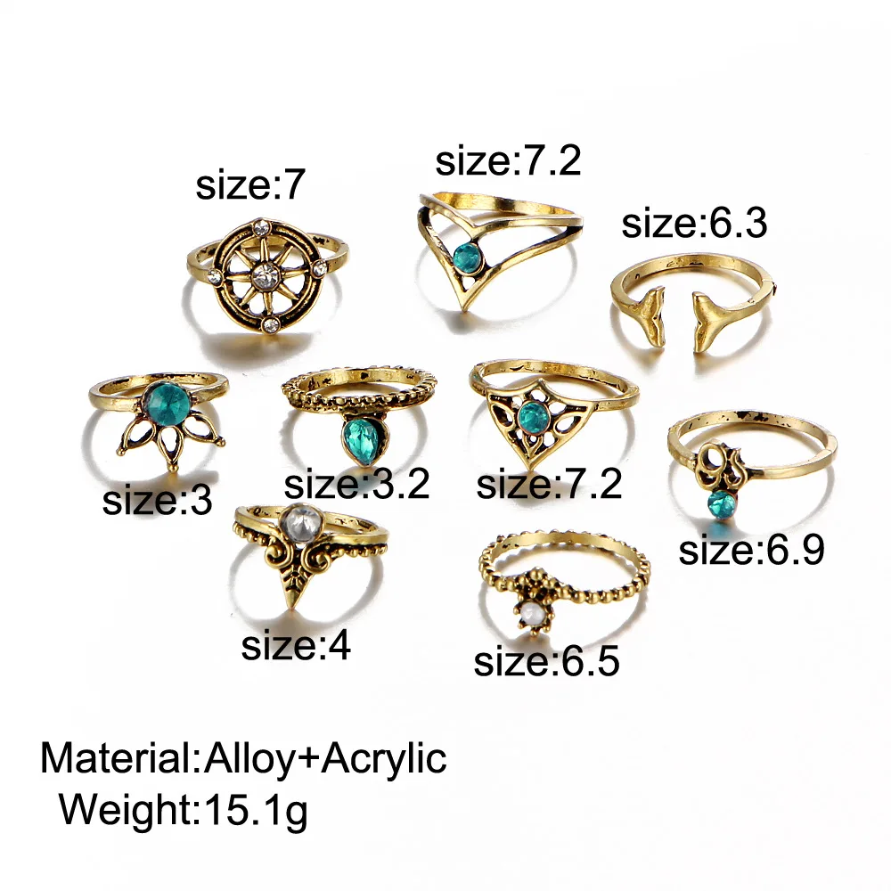 9 стилей, винтажные кольца на кончик пальца для женщин геометрической формы, в стиле бохо, цветок, кристалл, набор колец, богемные ювелирные изделия на палец средней длины, Bague Femme