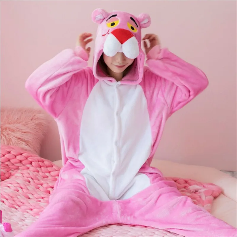 Пижамы для взрослых и женщин; детские пижамы кигуруми; Розовая пантера; Рождественская фланелевая одежда для сна с рисунком панды; комплект зимних пижам; костюмы с оленями - Цвет: Pink Panther