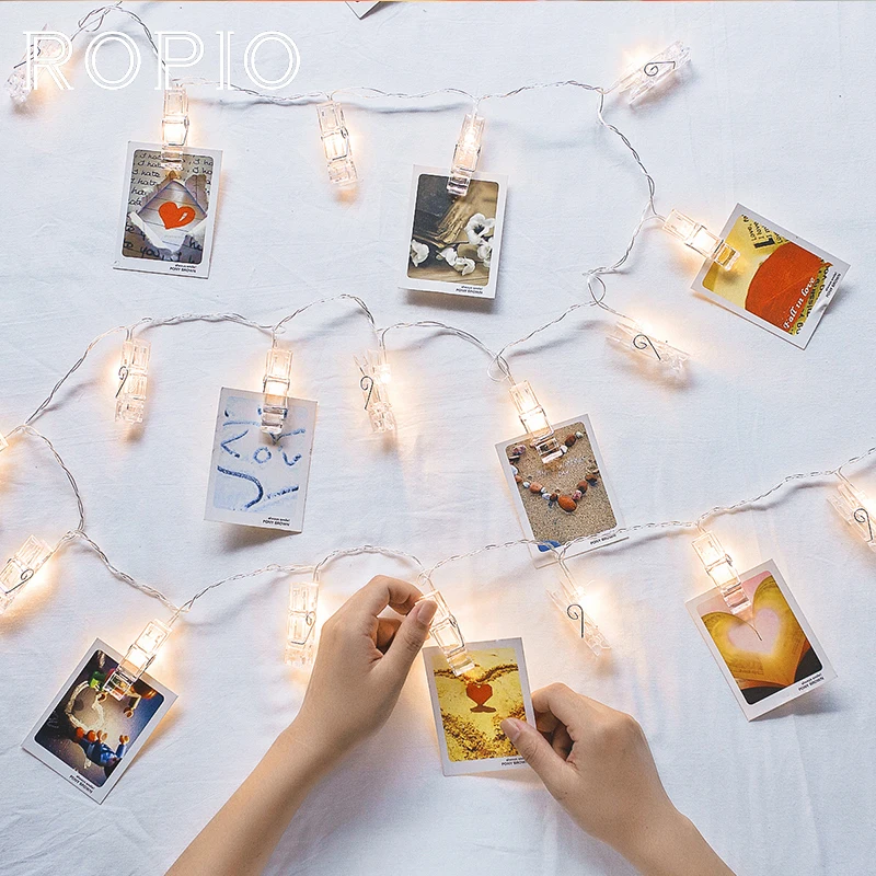 ROPIO Garland Card Photo Clip String Lights 10/20 LEDS Led Fairy Light Xmas Bedroom DIY Clothespin Shapes Battery Christmas Lamp | Лампы и
