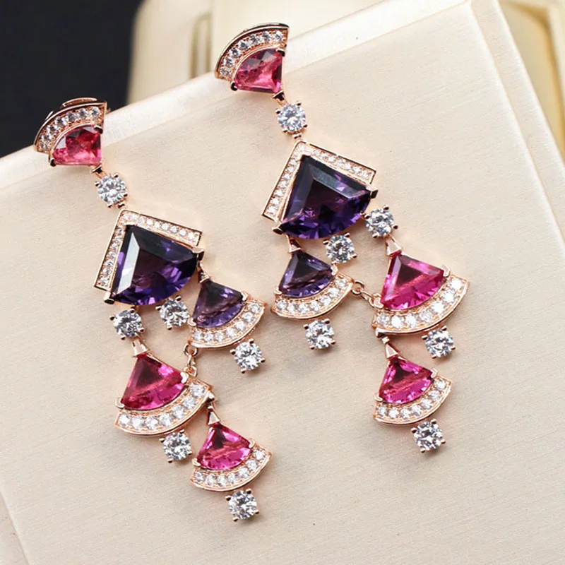 

Famous Brand Rose Gold Color Fan Shaped Drop Earrings Purple Pink Zircon Colorful CZ Women Wedding Party Dinner Banquet Jewelry