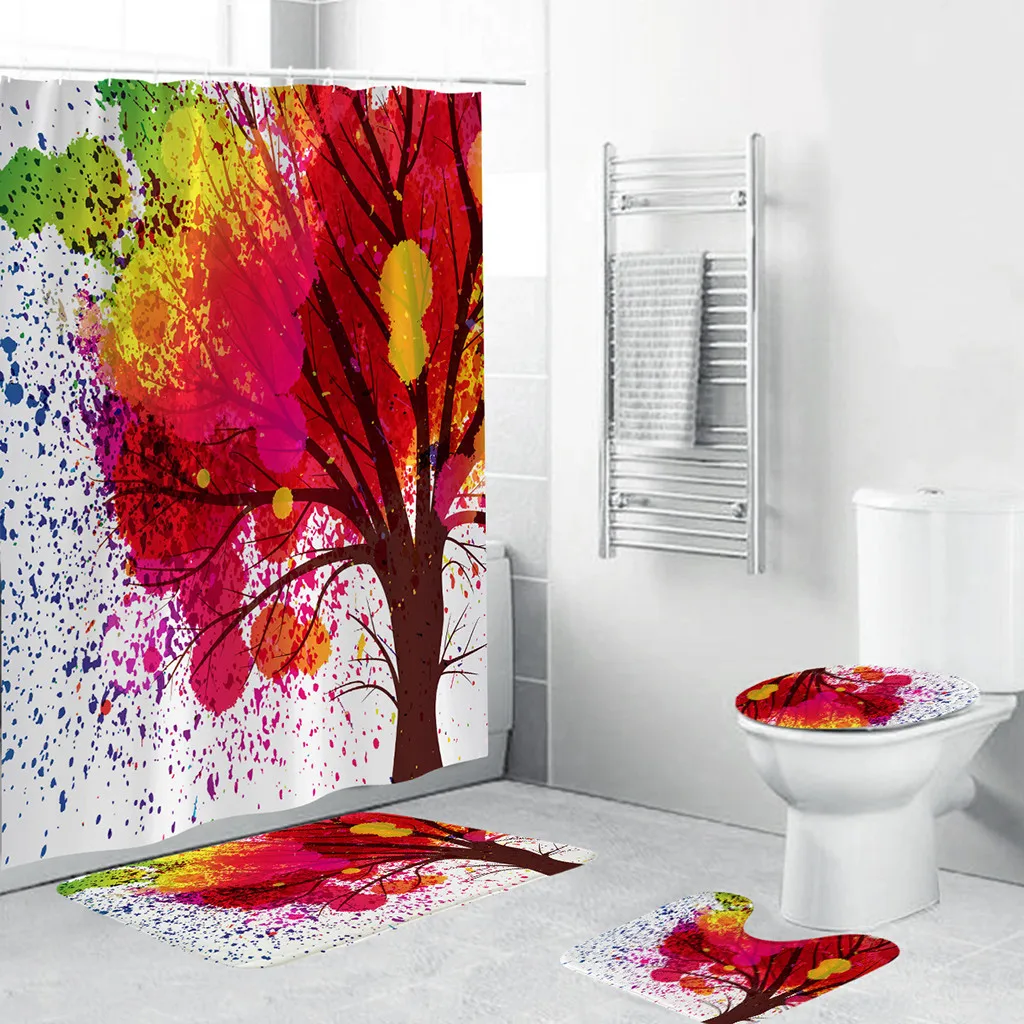 

Bathroom Carpet Shower Curtain 4PCS Non Slip Toilet Polyester Cover Mat Set Bathroom Shower Curtain Douchegordijn
