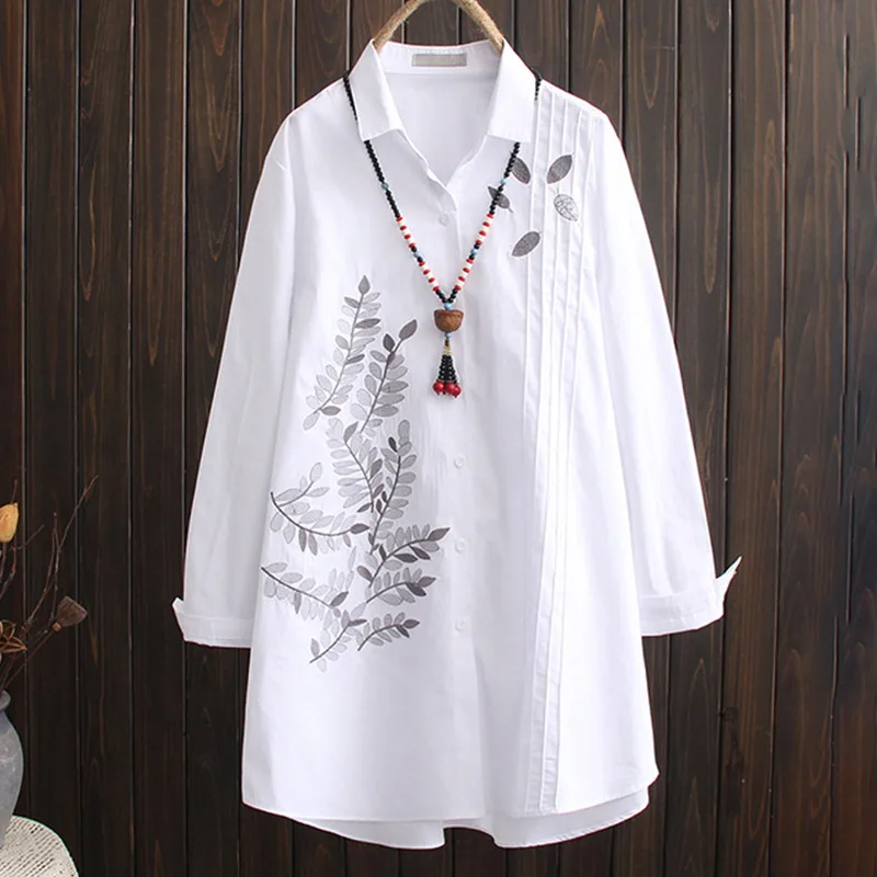 

Cotton Embroidery White Women Long Blouses Tops Print Long Sleeve Loose Plus Size Female Shirts 2019 Spring Autumn Blouse Ladies