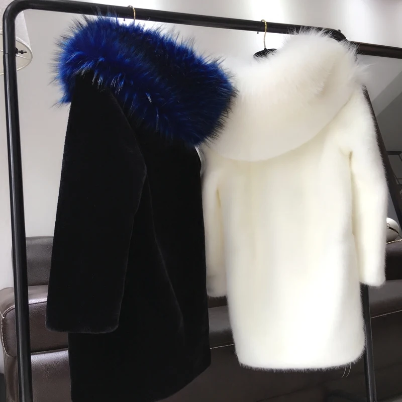 Fall winter white black faux fur jacket coat with large hood women