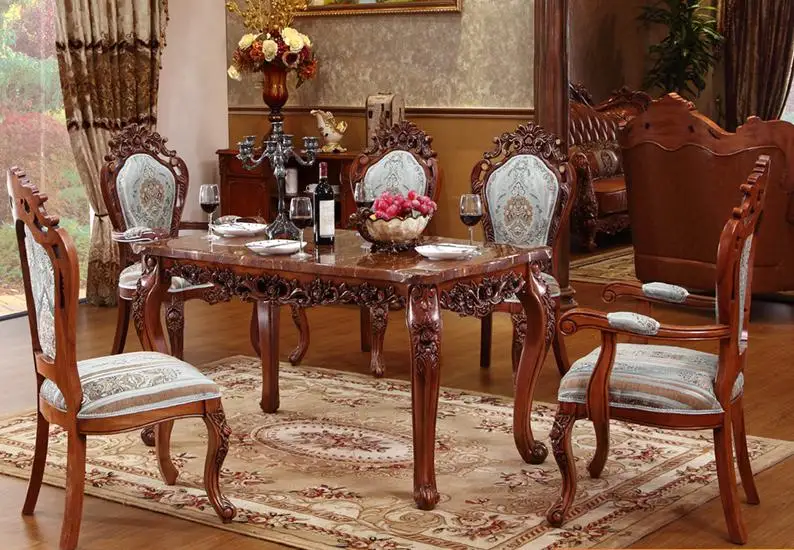 Elegant Dining Table, Marble Table, High Grade Solid Wood Carving Rectangular Dining Table Furniture