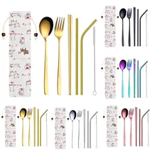 Столовая посуда из нержавеющей стали набор металлическая соломинка Ложка Вилка палочки для еды посуда 6 шт. кухня, бар, ресторан поставляет HX0606