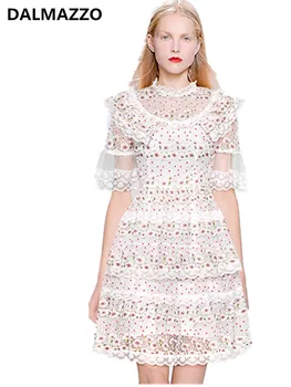 

Ladies Runway Stand Neck Mesh Embroidery Party Mini Dresses 2019 Summer Women Ruffled Perspective Short Sleeve Princess Dress
