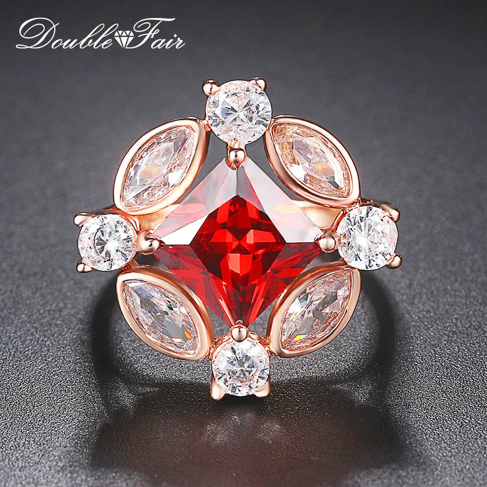 

Double Fair Copper Rings For Women Fashion Cubic Zircon Red Crystal Princess Ring Rose Gold Color Brand Jewelry HotSale DFR835