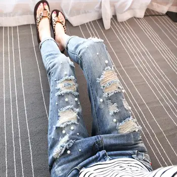 

2018 spring new hole female nine pants Korean loose pants thin pearl hole jeans 991#