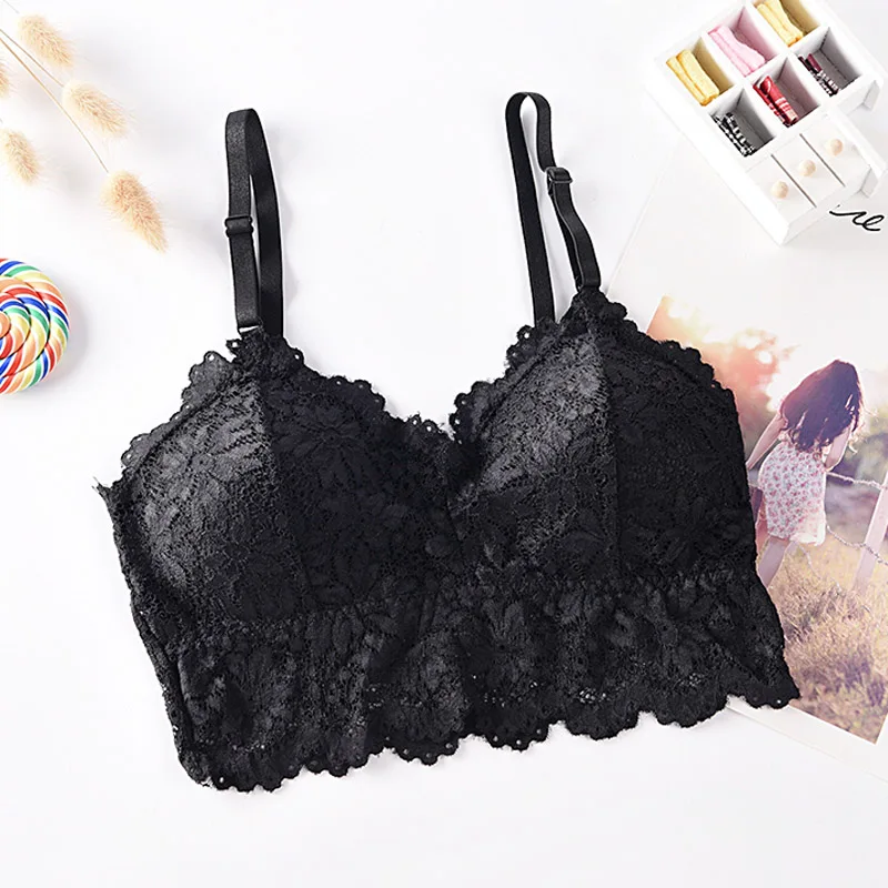 DEWVKV Для женщин бюстгальтер Push Up сексуальное женское белье кружево Bralette большой Размеры Беспроводной мягкий бюстгальтер нижнее белье черный, белый цвет синий бюстгальтеры для Для женщин - Цвет: Black