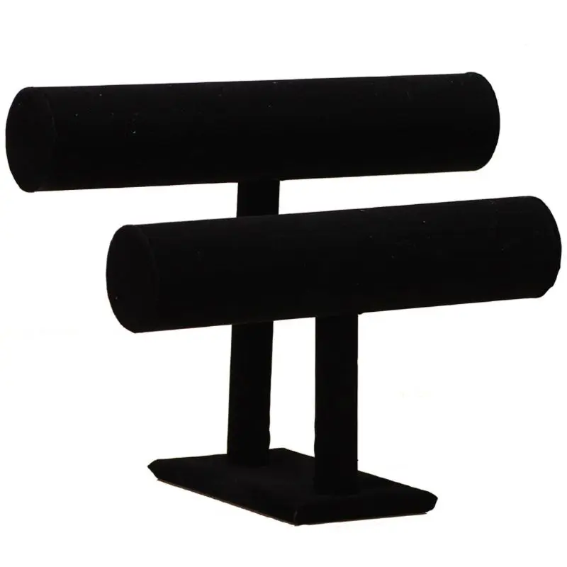 2 Tiers Black Velvet Hovering T-Bar Bracelet Necklace Jewelry Display Stand